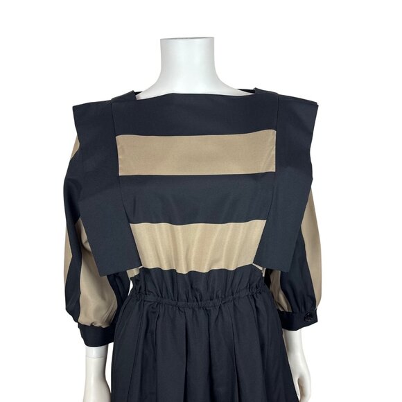 Vintage 80s Striped Dress Womens Medium Architectural Black Tan Thick Stripes - Picture 5 of 10